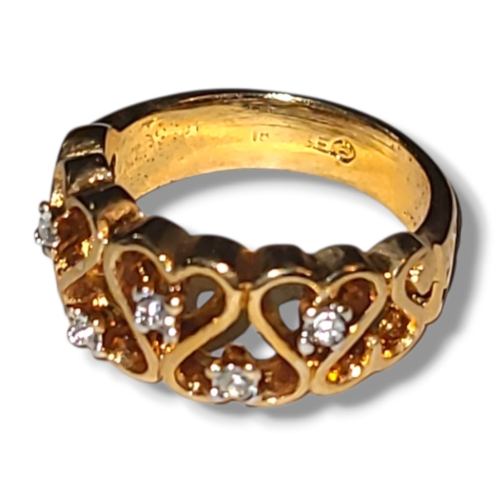 Vintage 18K HGE‎ CZ Heart Scroll Filigree Ring Gold Tone Romantic Size 5